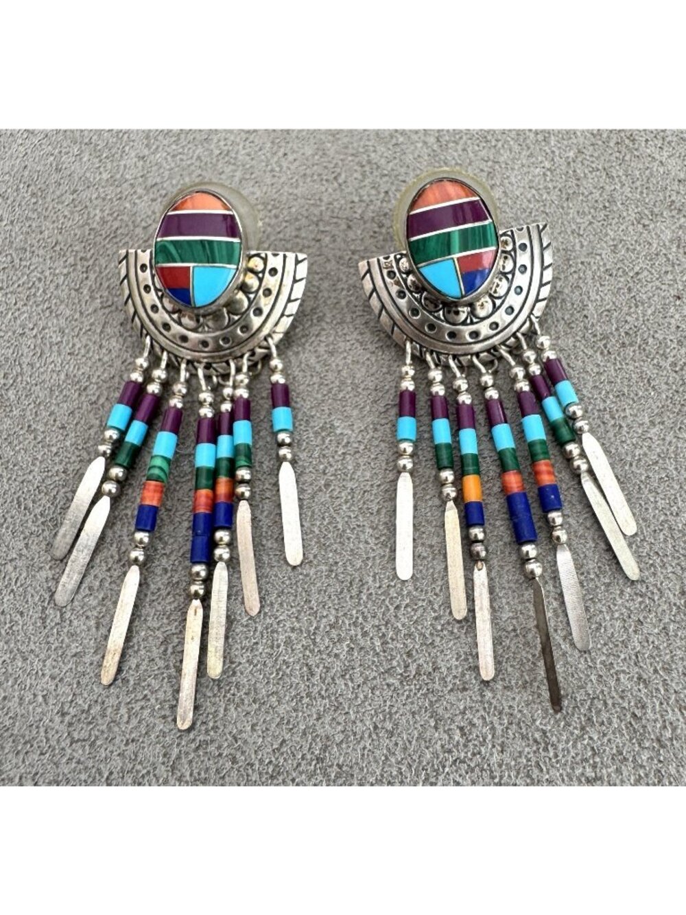 Vtg Navajo STERLING Silver + Inlaid Multi-Gemstone DANGLE EARRINGS  2" on Posts